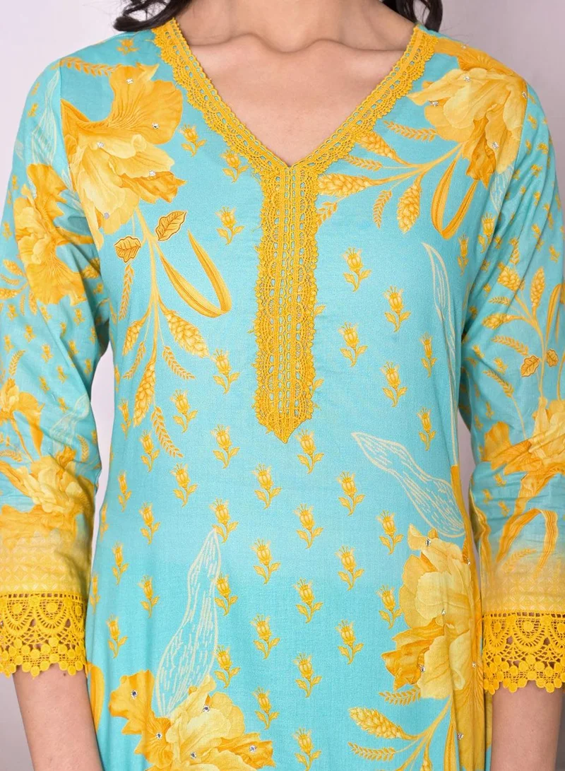 آي شين Women'S Multicolour 100% Cotton Embellished Regular Fit Kurta Set